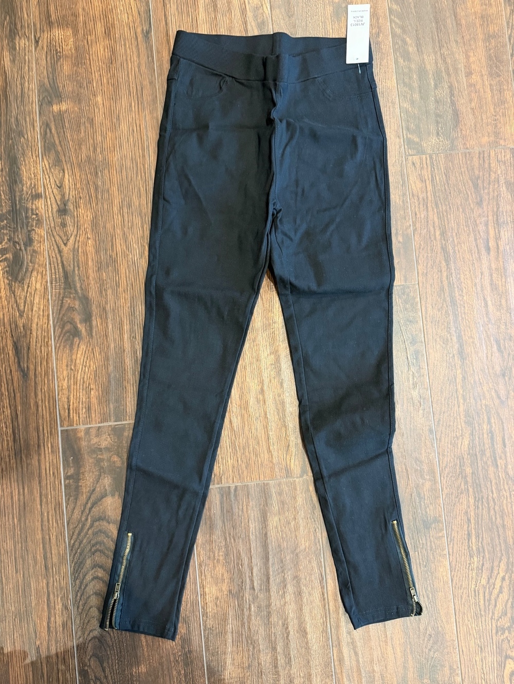 Black Stretch Cotton Blend Leggings with Ankle Zippers, Size L